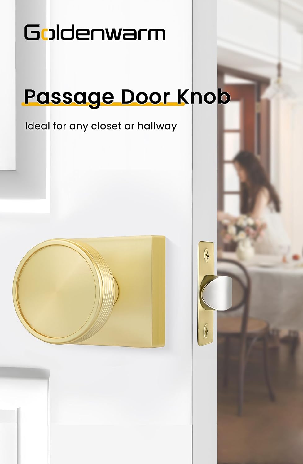 Goldenwarm Passage Door Knob Gold, Zinc-Alloy Modern Brushed Gold Closet Door Knob Interior for Hallways, Heavy Duty Square Gold Modern Doorknob - 6 Pack