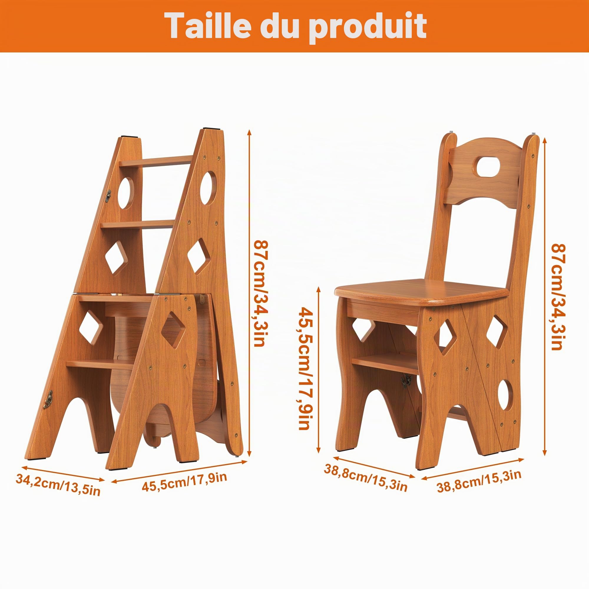 Chaise de bibliothèque pliante en bois massif - Tabouret pliable à 4 marches - Charge maximale : 180 kg - 4 marches d'escalade - Support d'exposition - Marron - 46 x 34 x 87 cm