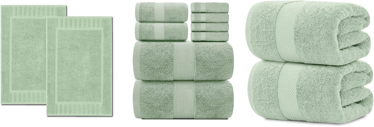 White Classic Light Green 2 Bath Mats 22 x 34, 8 Piece Bath Towel Set [2 Bath Towels, 2 Hand Towels, 4 Washcloths] and 2 Bath Sheets 35 x 70 | Cotton, Highly Absorbent and Quick Dry for Hotels, Spa