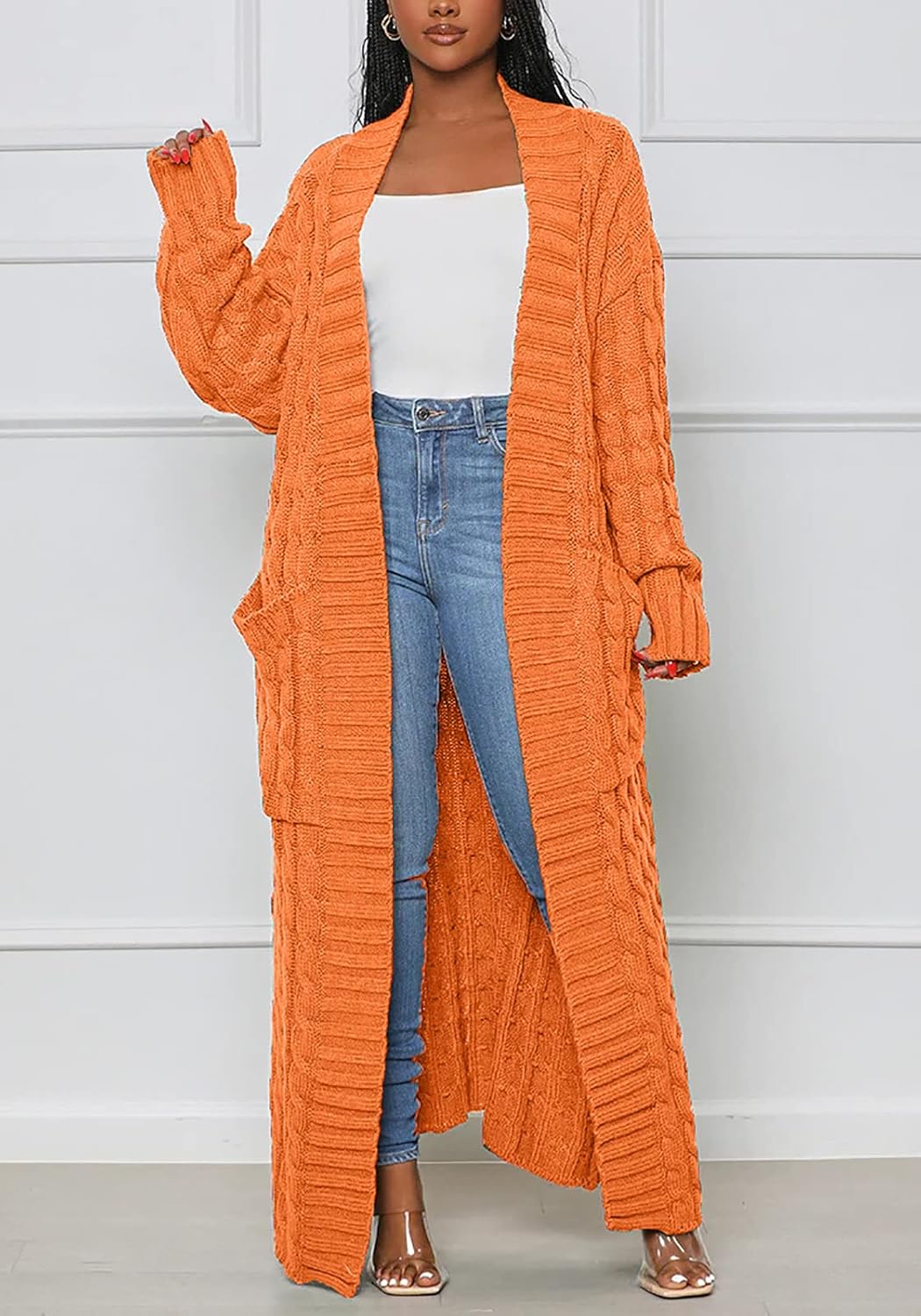 NRTHYE Women's Long Sleeve Open Front Cable Knit Long Cardigan Sweater with Pockets Loose Sweater Outwear Coats - Image 2