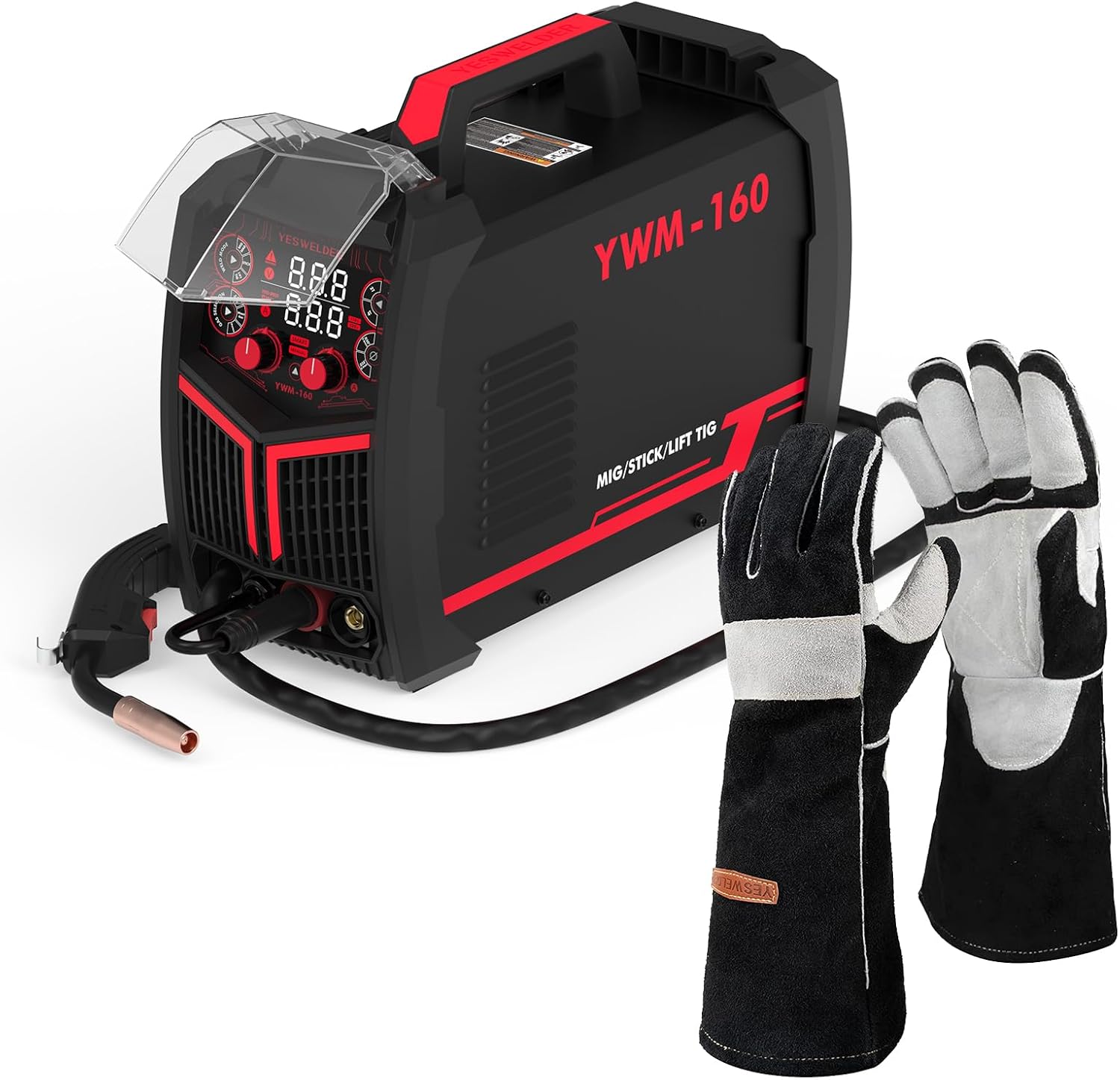 YESWELDER 160A MIG Welder 4 in 1 Multiprocess Flux Cored/MIG/Lift TIG/Stick & Leather Forge MIG Welding Gloves, with Kevlar Stitching Heat/Fire Resistant