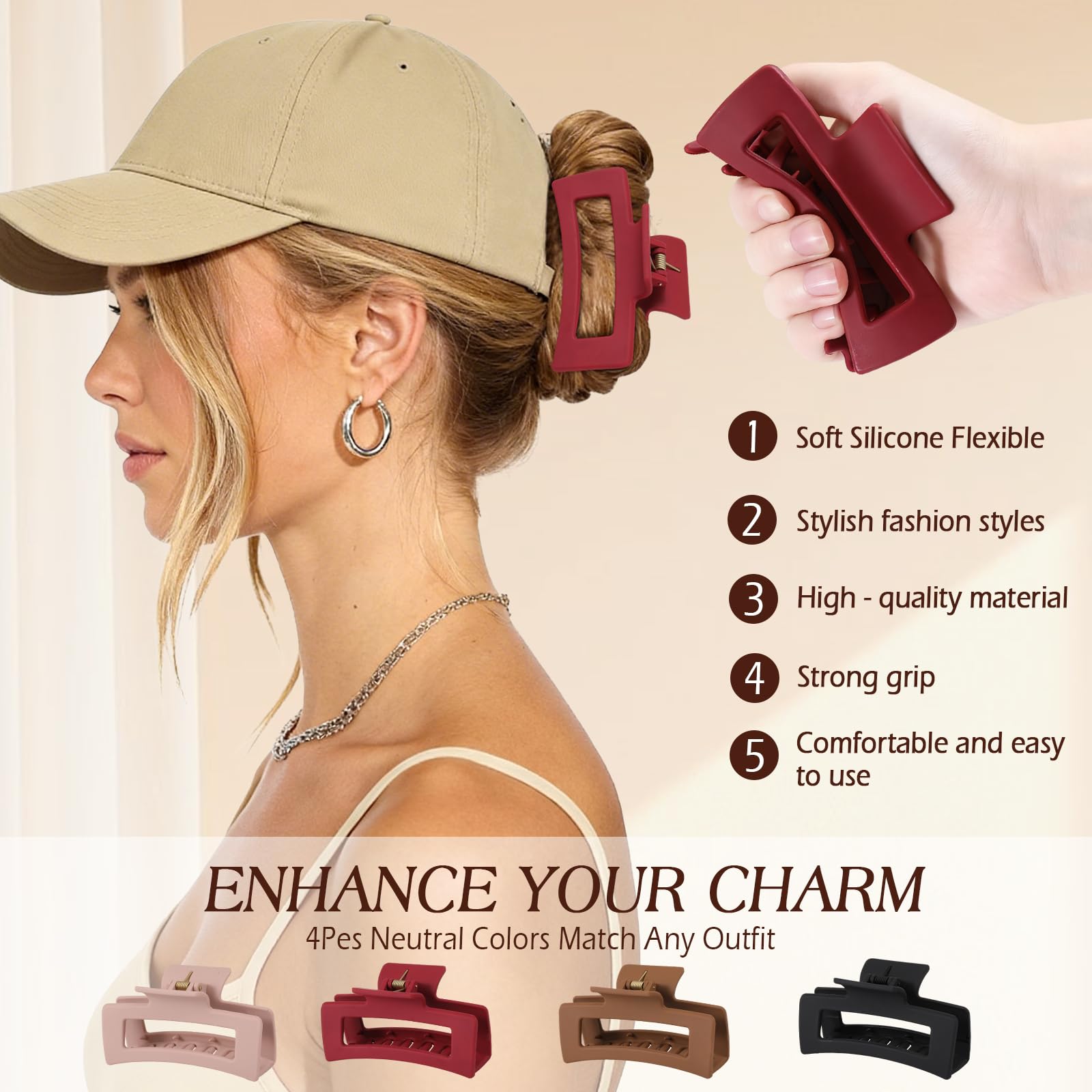 Hat-Friendly Hair Claws for Baseball Caps Non-Slip Strong Hold 4 Pcs How to wear hair in a cap clip - TikTok Shop main image 2