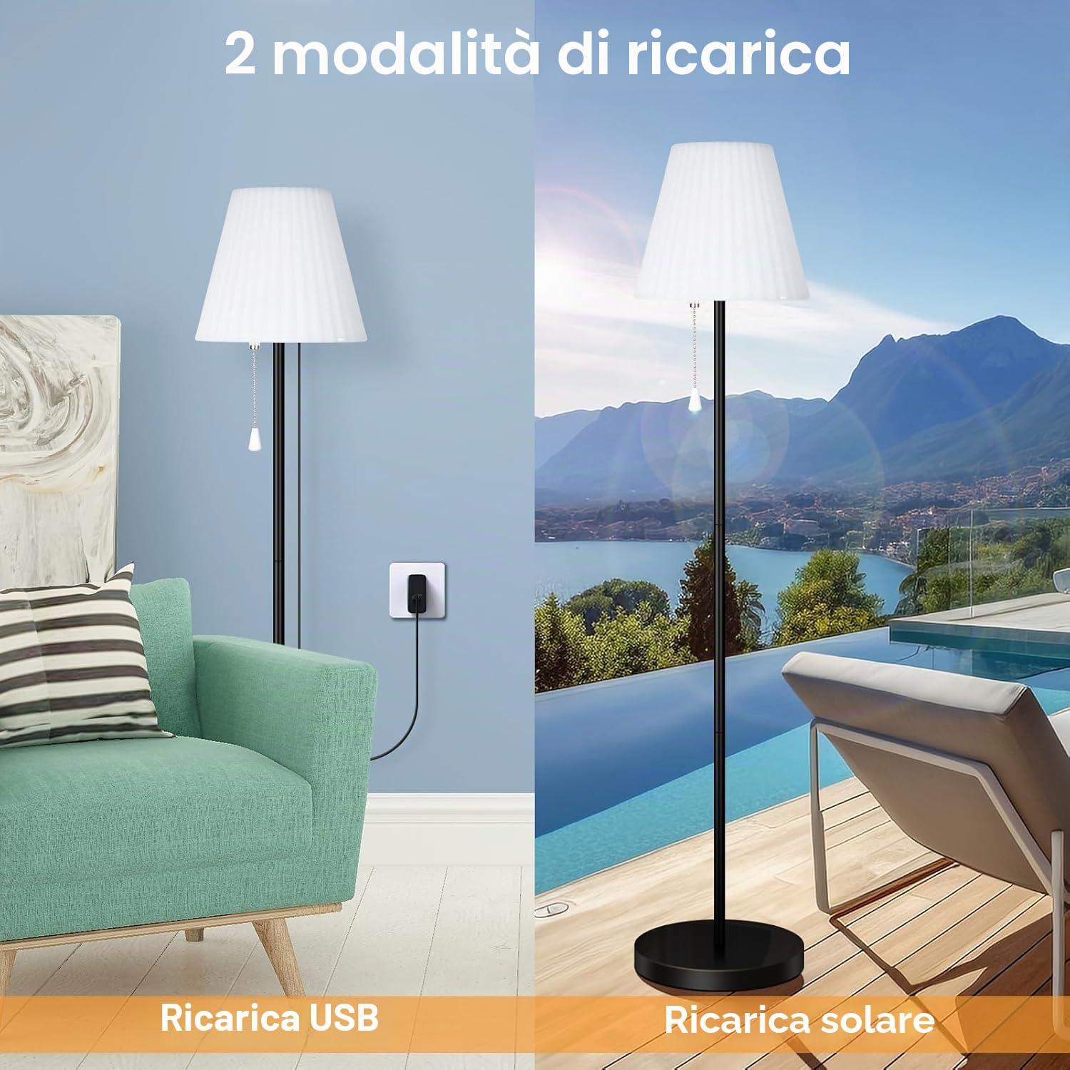 Lampada da terra RGB Bawoo Lampada solare con ricarica solare e USB, lampada da terra senza fili per esterni per terrazzi Luminosità regolabile bianco caldo, lampada da terra IP65 impermeabile