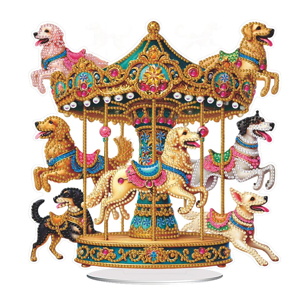 Fiorky Dogs 5D Diamond Painting Kits For Adults Diy Diamond Art Kits Acrylic Carousel Diamond Painting Tabletop Ornaments Kit Cute Tabletop Decorations For Home Office Desktop Decor For Beginners