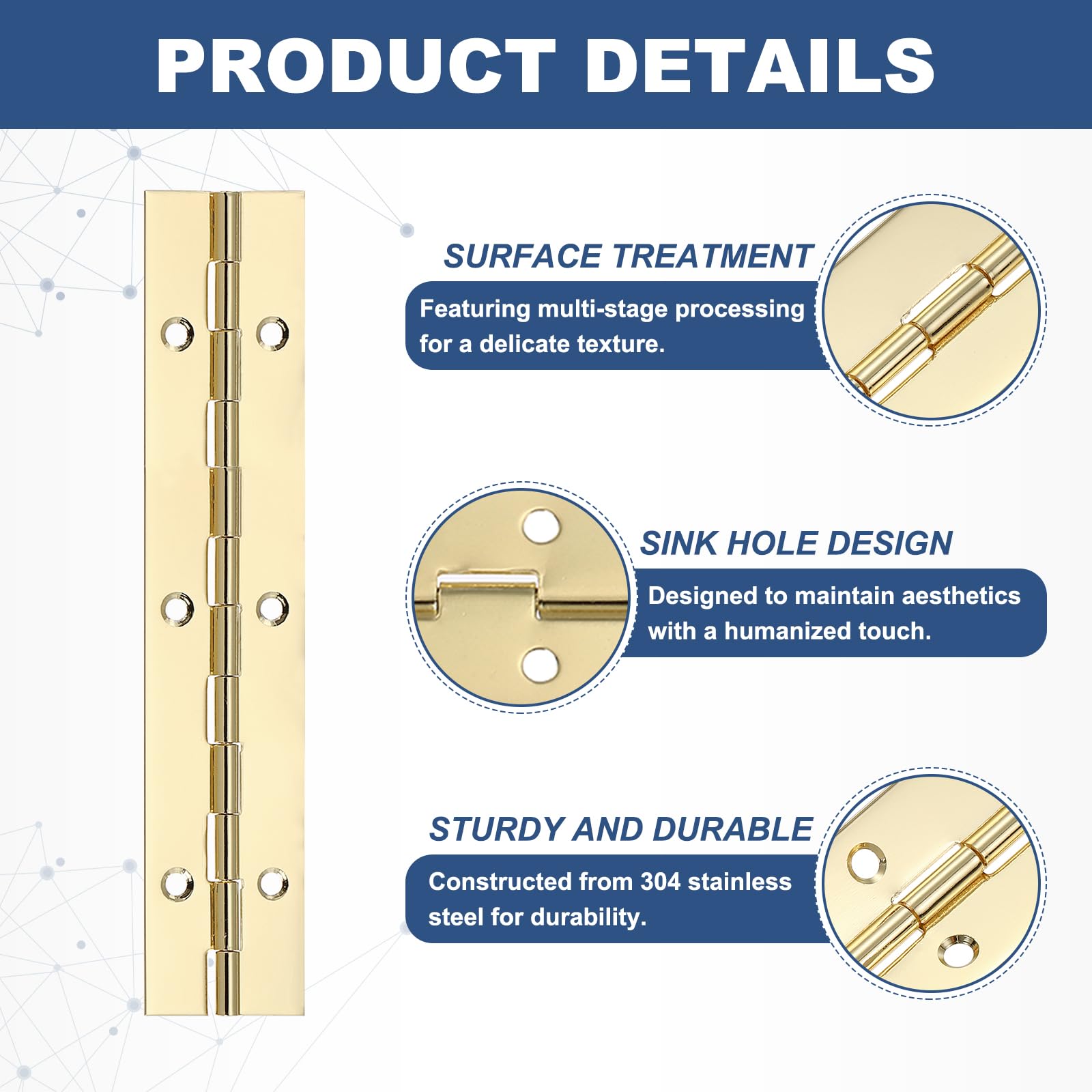 PATIKIL 6x1.2 Inch Piano Hinge,8 Pcs 304 Stainless Steel Continuous Hinge with Holes for Piano Gate Door Wooden Storage Box Cabinet Boat,Gold - Image 3