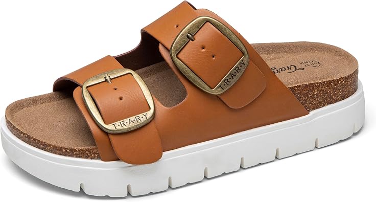 Trary Womens Platform Sandals, Double Buckle Slides, Wedge Chunky Slides for Women, Cushioned Support Footbed, Non Slip Thick Sole, Adjustable Comfort Summer Sandals