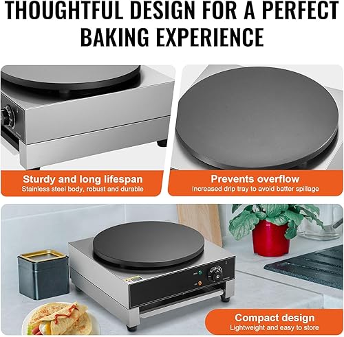 Miniatura 5 de HappyBuy Máquina eléctrica de crepé - 16 pulgadas, 1700 W, acero inoxidable antiadherente, escritorio, control de temperatura, para uso comercial