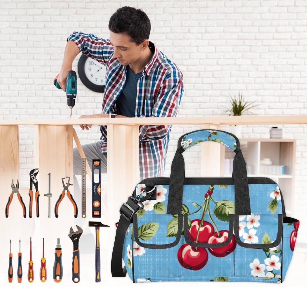 Cute Funny Cherry Flower Tool Bag with Multi-Pockets Wide Mouth Tool Tote Bag for Women and Men Waterproof Tool Organizer Storage Bag with Adjustable Shoulder Strap and Ergonomic Handle
