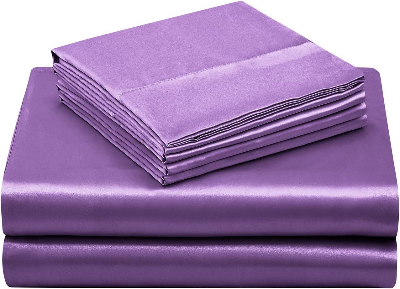 TREELY 6 Piece Satin Sheets Full Size Silky Smooth Lavender Sheet Set with Deep Pocket, Fitted Sheet, Flat Sheet, 4 Pillowcases