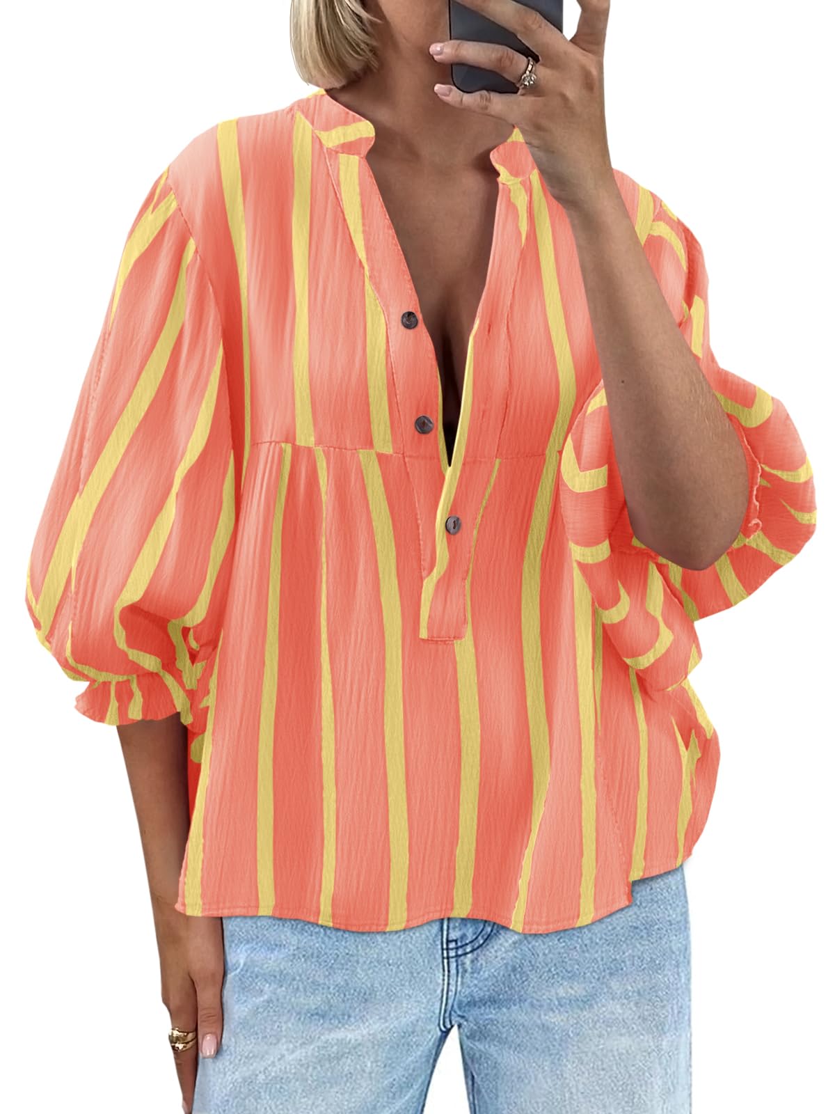 Tankaneo Babydoll da donna con maniche a sbuffo top estivo con scollo a V camicetta a righe carino casual vestibilità ampia camicie fluide