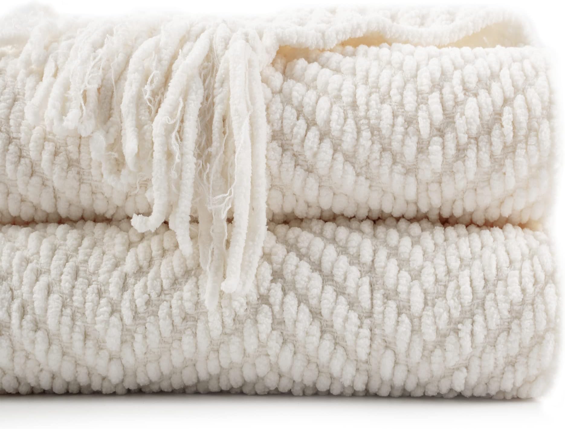 BATTILO HOME Cream Throw Blanket for Couch, Textured Knitted Throw Blanket with Tassels, Couch Cover Blanket Warm Decorative White Throw Blanket for Sofa Living Room, 50" x 60"