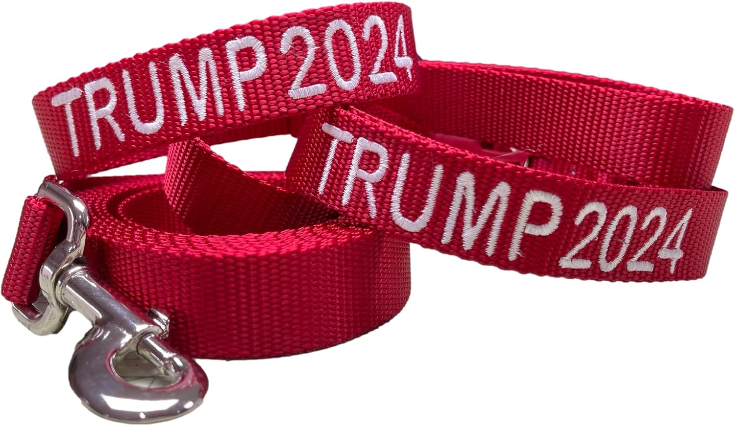 Handmade Trump 2024 Custom Embroidered Dog Collar and Leash Set, Choice of 30 Phrases, Republican Donald Trump Gift, for Small Medium Large Pets, Made in USA (Large: 1″ x 15-24″)