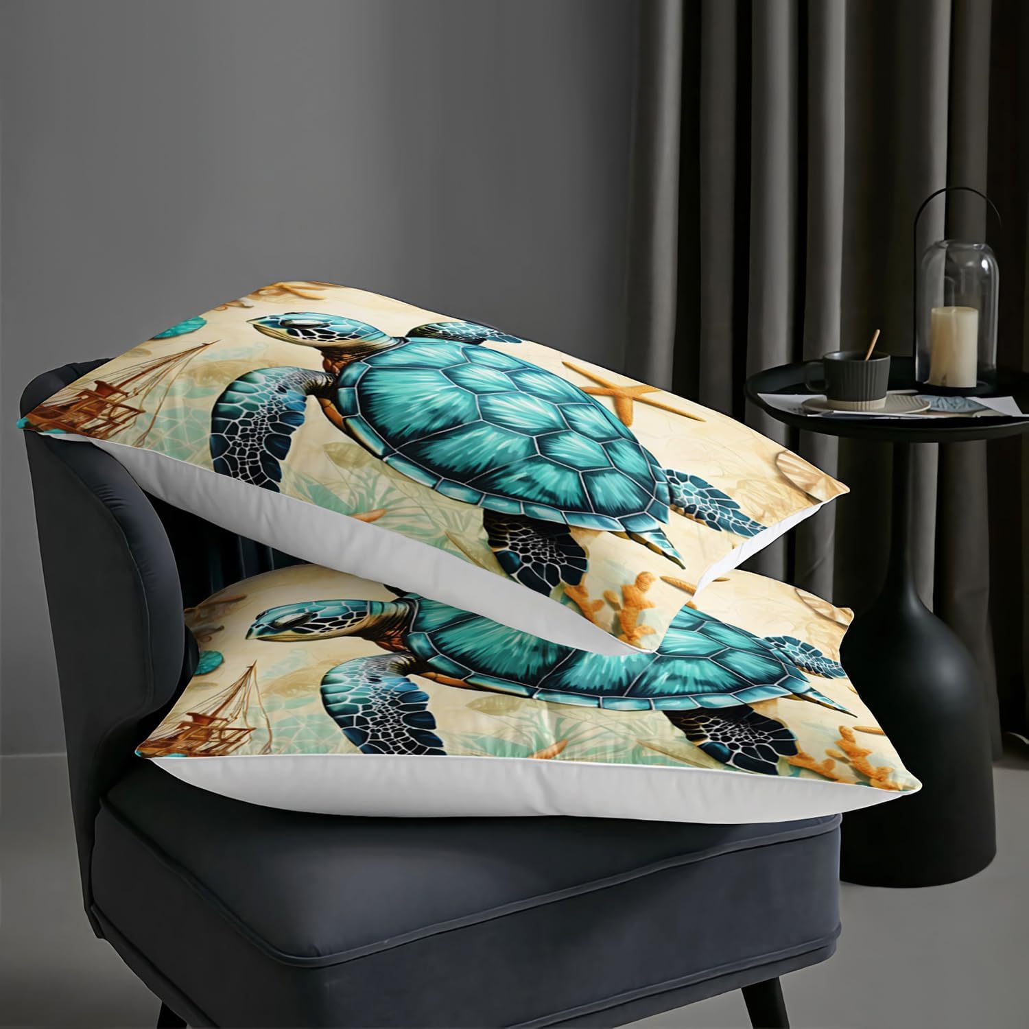 AILONEN Sea Turtle Comforter Set Queen Size, Underwater World Bedding Set for Kids Teens Adults,Ocean Turtle Coral Starfish Duvet Set for Bedroom Decor,1 Quilt + 2 Pillowcases,3-Piece