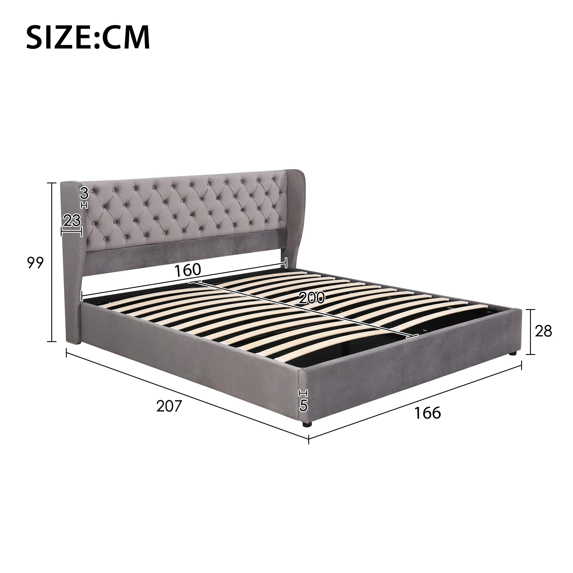 Cama tapizada con somier y cajón, 160 x 200 cm, cama doble con cabecero acolchado, tapizado en terciopelo