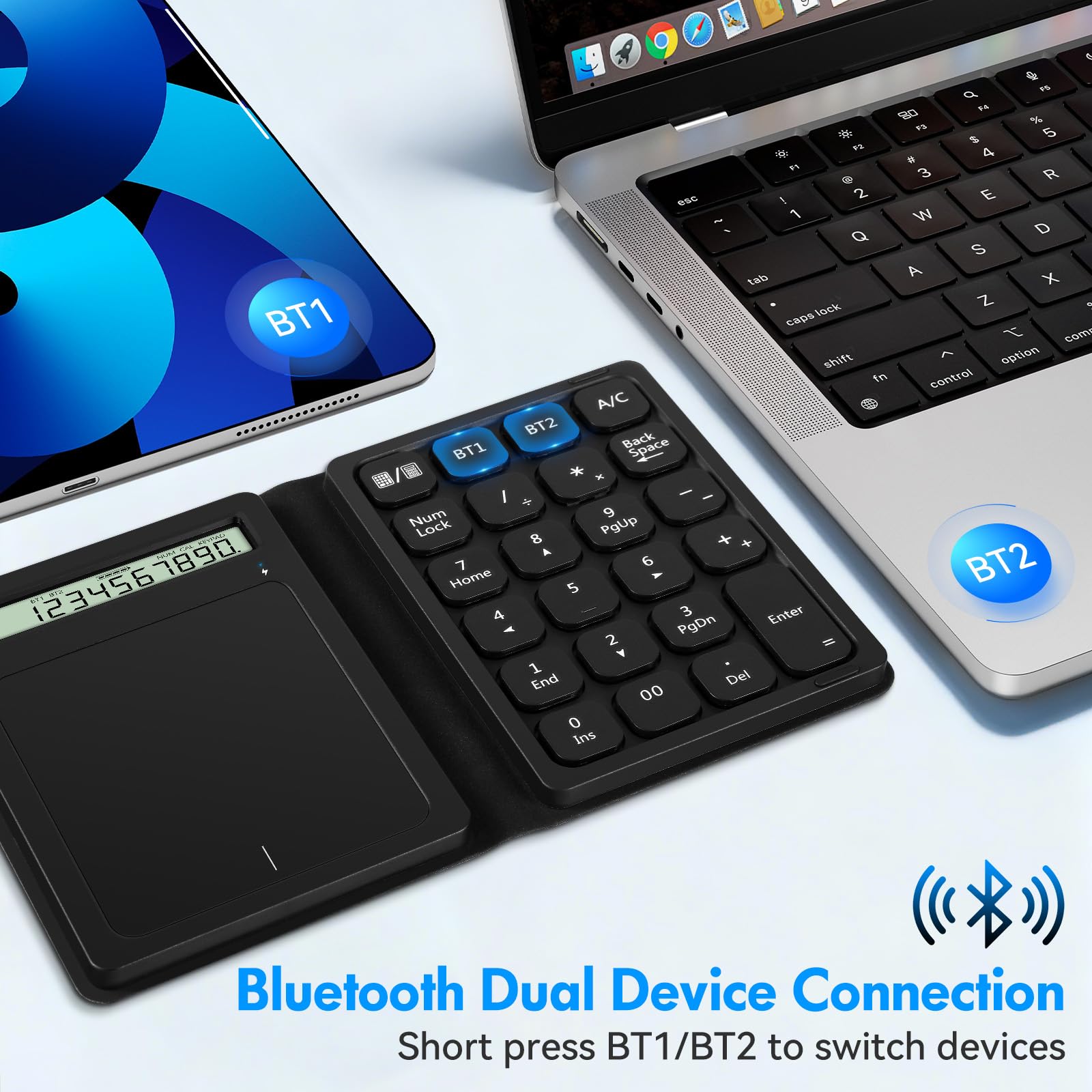 Tastiera numerica Bluetooth, Wireless Tastierino Numerico con display e touchpad calcolatrice pieghevole contabilità finanziaria sottile tastierino numerico portatile per Desktop Laptop Tablet