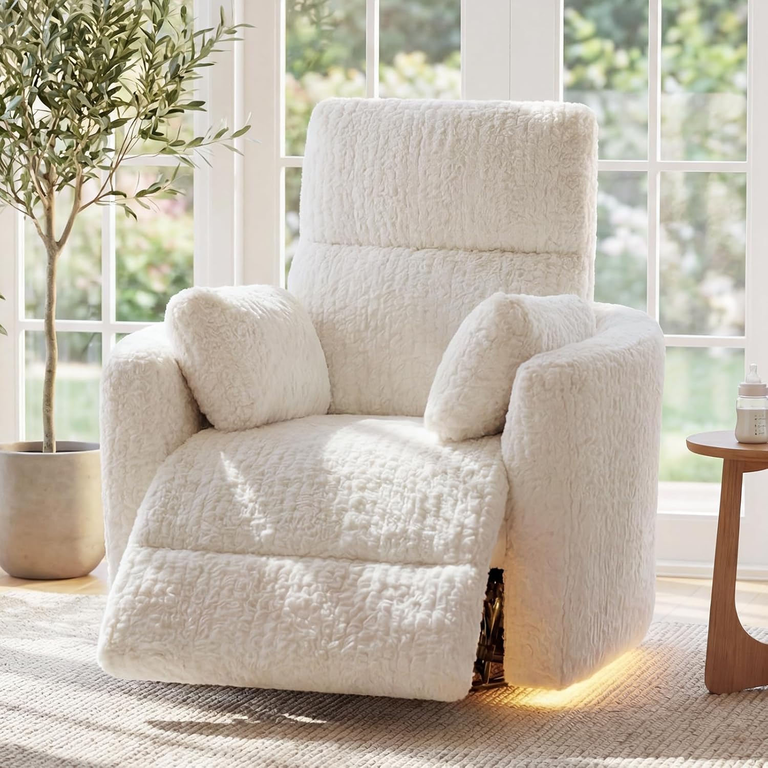 Power Swivel Rocker Recliner for Adults, Large Glider Rocking Chair w/ 2 Pillows, USB and Type-C Ports, Night Light, Fluffy Plush Nursery Chair for Living Room, Bedroom,Nursery, Beige