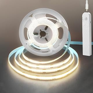 5V Motion Sensor COB LED Strips, Time Delay and Brightness Adjustable, Two Power Supply Options: Batteries (not included) or USB, 3m /9.84ft, Natural White 4000K, 320 LEDs/M