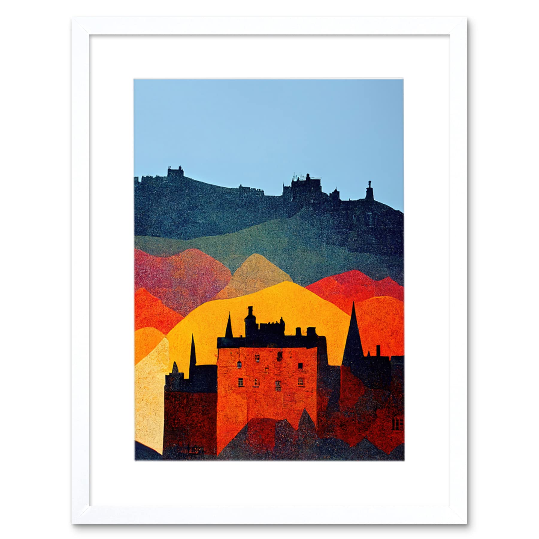 Wee Blue Coo Edinburgh In Autumn Scotland Scottish Modern Folk Art Multi Coloured Cityscape Artwork Framed Wall Art Print 12X16 Inch