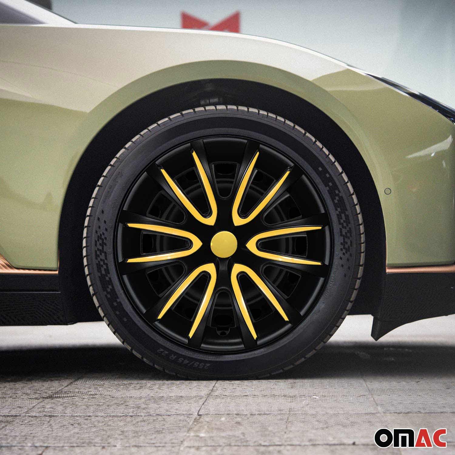 OMAC 4X Radkappen Radzierblenden Radblenden 15" Zoll Stahlfelgen Matt Schwarz-Gelb
