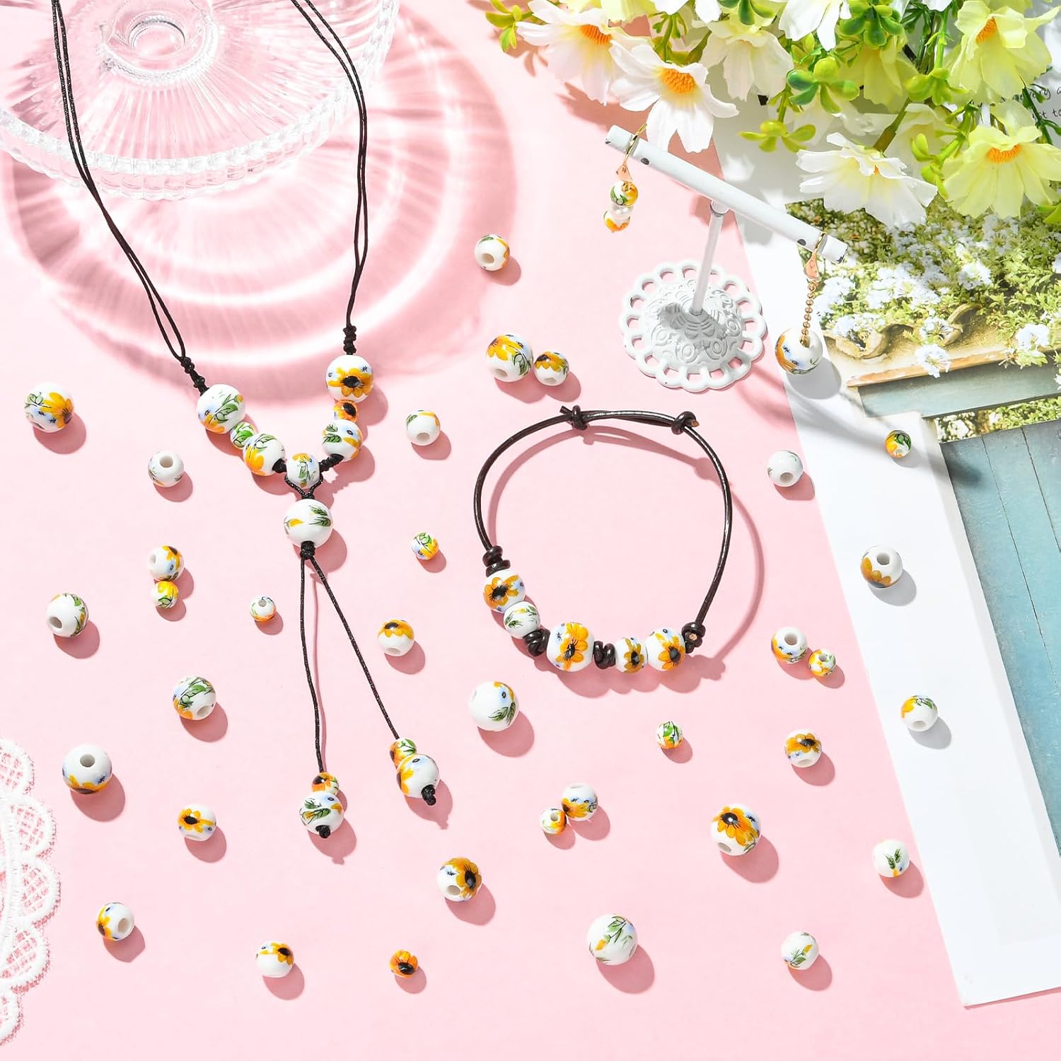 100Pcs 8mm Sunflower Ceramic Beads for Jewelry Making Round Flower Porcelain Beads Handmade Bright Glazed Floral Bead for DIY Bracelets Necklaces Earrings Crafts - Image 4