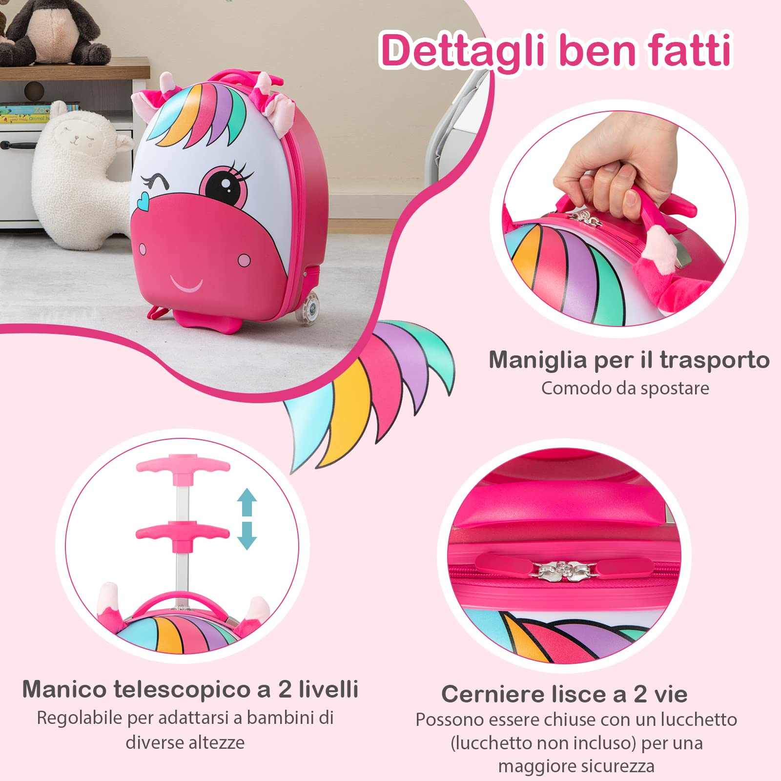 RELAX4LIFE Valigia Trolley 16'' per Bambini con Ruote Lampeggianti e Maniglia Retrattile a 2 Livelli, in Plastica ABS e PC, per Asilo Scuola e Viaggio, 33x22x68,5-83,5cm (cavallo rosa)