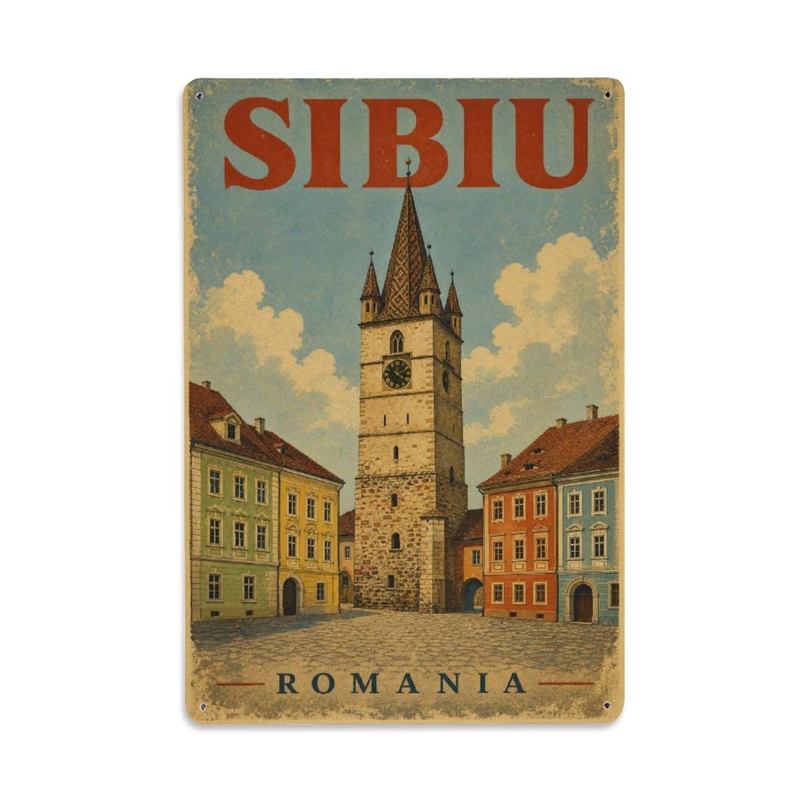 Retro Travel Romania Sibiu Metal Tin Sign Plaque Wall Decor for Cafe, Club Bar, Office, Garden Metal Poster 8x12Inch
