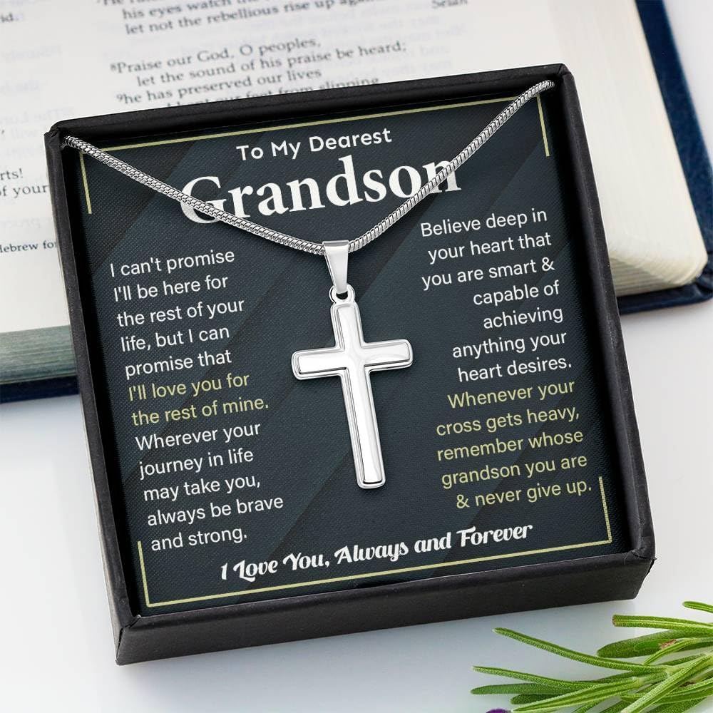 To My Grandson Necklace From Grandma Grandpa - Cross Link Men Chain Gift - Stainless Steel Birthday Christmas Jewelry With Message Card and Box #4 - Image 4