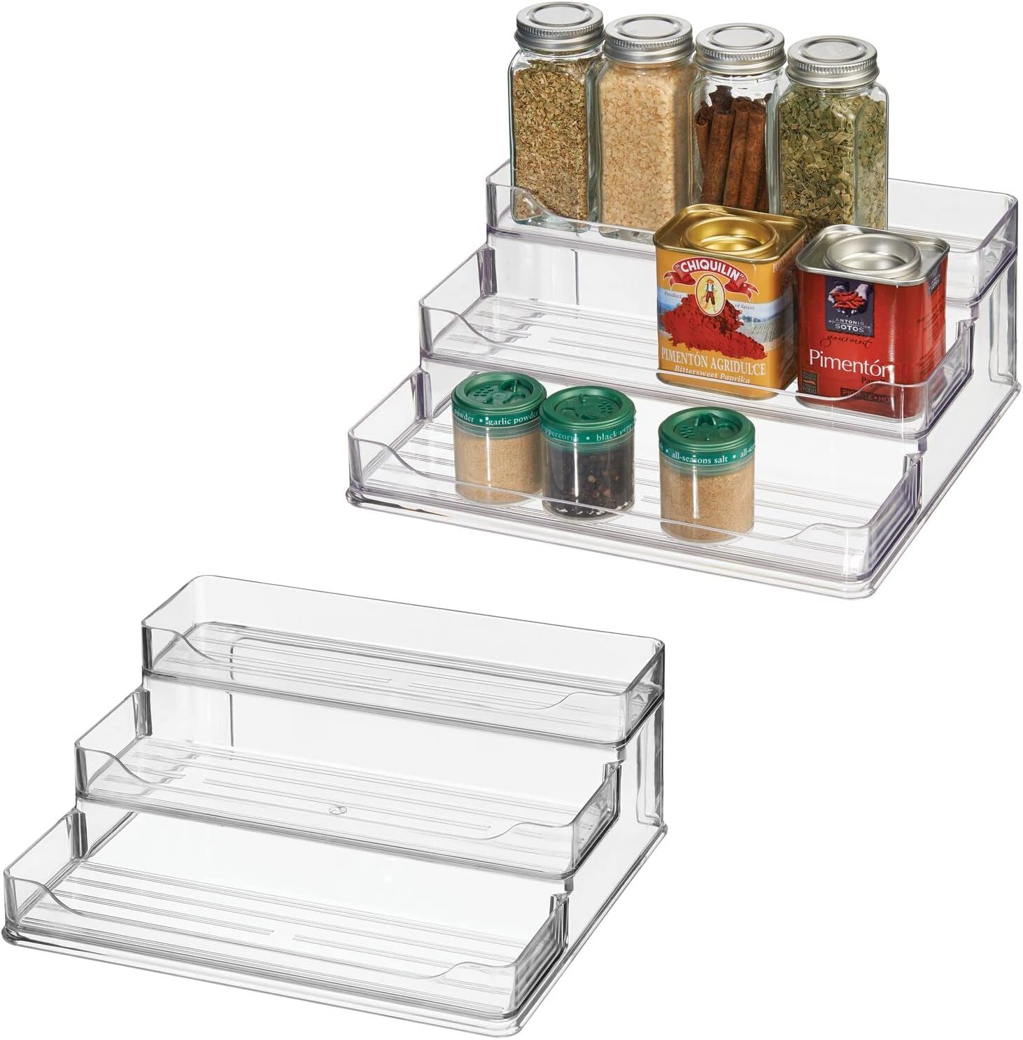 mDesign Plastic Kitchen 3-Tier Spice Rack Holder, Storage Organizer for Cabinet, Counter, Pantry, Shelf, Hold Spices, Seasoning, Jars, Canned Food, Appliances - Ligne Collection - 2 Pack - Clear
