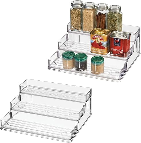 mDesign Soporte de plástico para especias de cocina de 3 niveles, organizador de almacenamiento para gabinete, mostrador, despensa, estante,