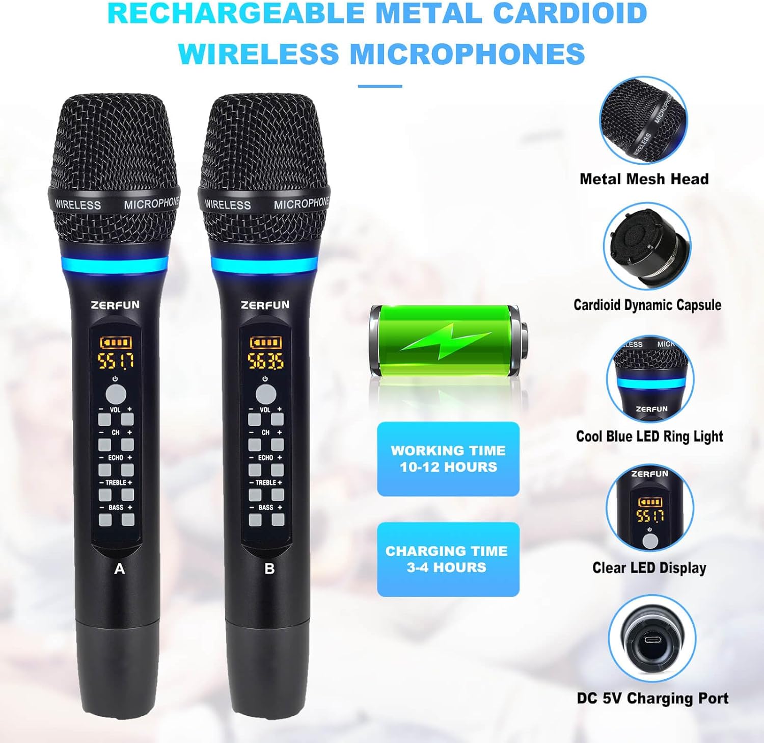 Rechargeable Wireless Microphone System 4 Channel Pro, UHF Metal Handheld Wireless Mics Cordless for Church Karaoke Singing with Echo Treble BASS VOL Channel Control(GT-200) - Image 2