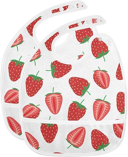 Miniatura 2 de Kigai Strawberry Print Baby Bibs for Baby Boy Girl Waterproof Soft Cotton Washable Feeding Bibs Scraps Pocket 2 Pack