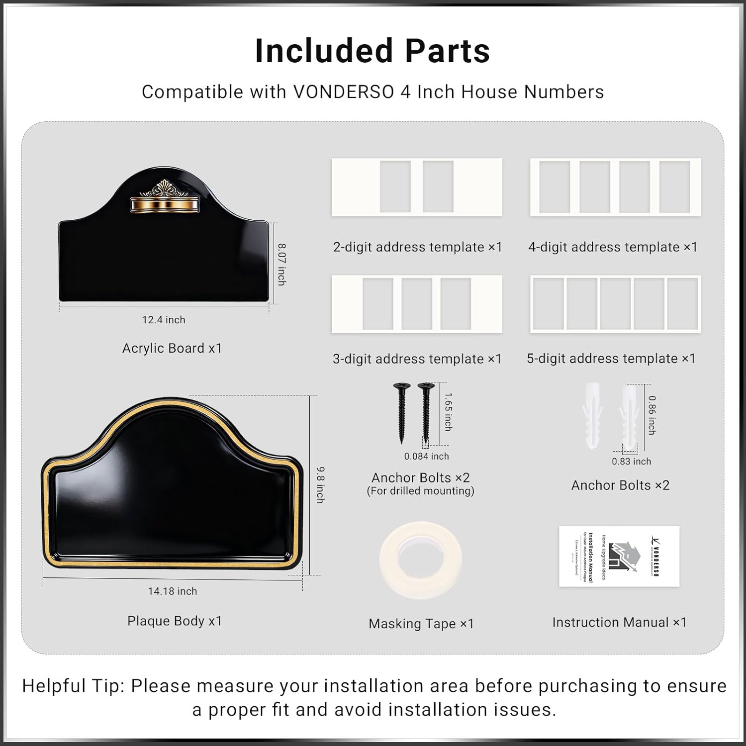 VONDERSO Address Signs for Houses, Self-Adhesive & Pre-Drilled for Easy Mounting, Premium Aluminum House Number Plaque with Weather Powder-Coated Finish – Gold Crownt (Numbers Not Included)