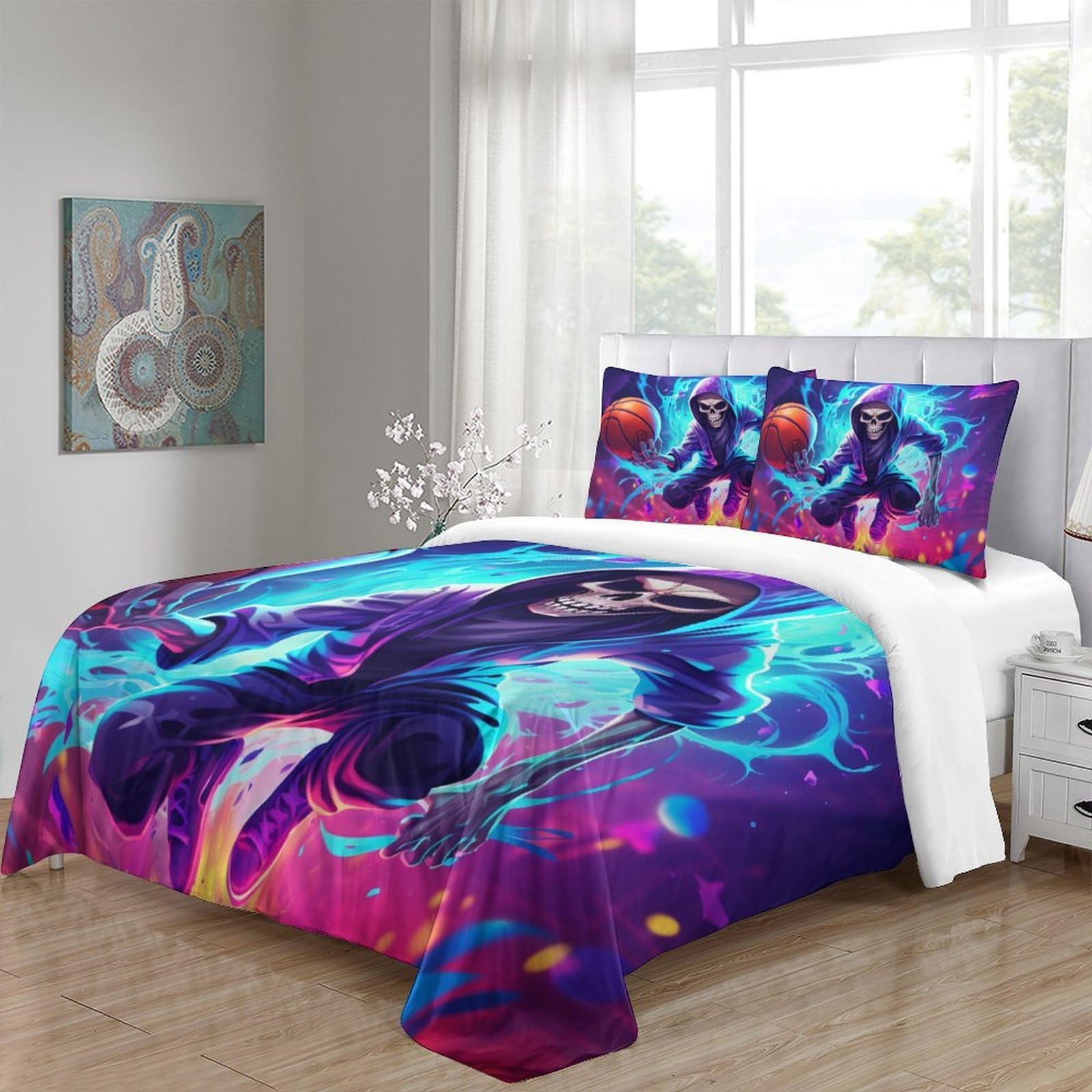 Baloncesto esqueleto Set Di Biancheria Da Letto Da 3 Pezzi in Microfibra Copripiumino Con Federe Morbida, Resistente,Anime Traspirante Copripiumini King（220x240cm）