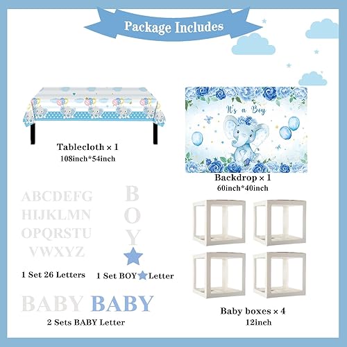Miniatura 3 de Decoraciones de baby shower para niño, kit de guirnalda de globos de elefante con cajas de bebé, letras "It's a boy", telón de fondo, globos para