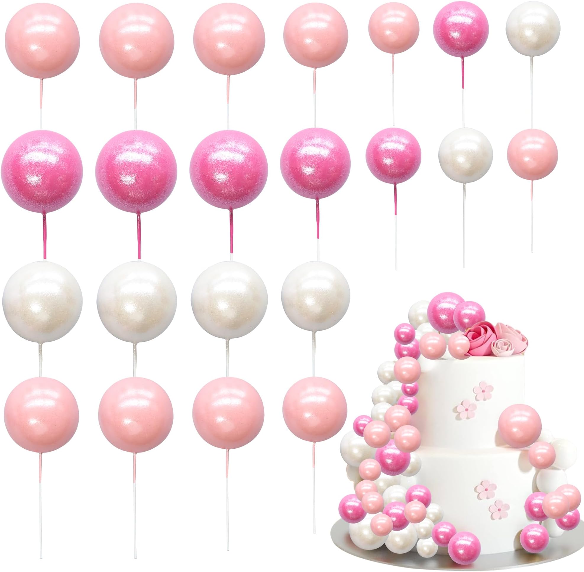 Ephlyn 30Pcs Balls Cake Topper Foam Ball Cake Picks Mini Balloon Cupcake Insert Bubble Balls DIY Decoration for Baby Shower Kids Birthday Party Decorations Pearl White Pink Rose Red