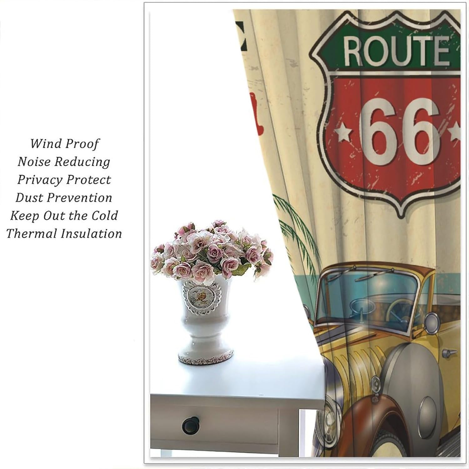 California Route 66 Blackout Curtains Beach Palm Trees Sea Surfboards Vintage Poster Window Treatments for Kitchen Bedroom Living Dining Room 52" W X 84" L