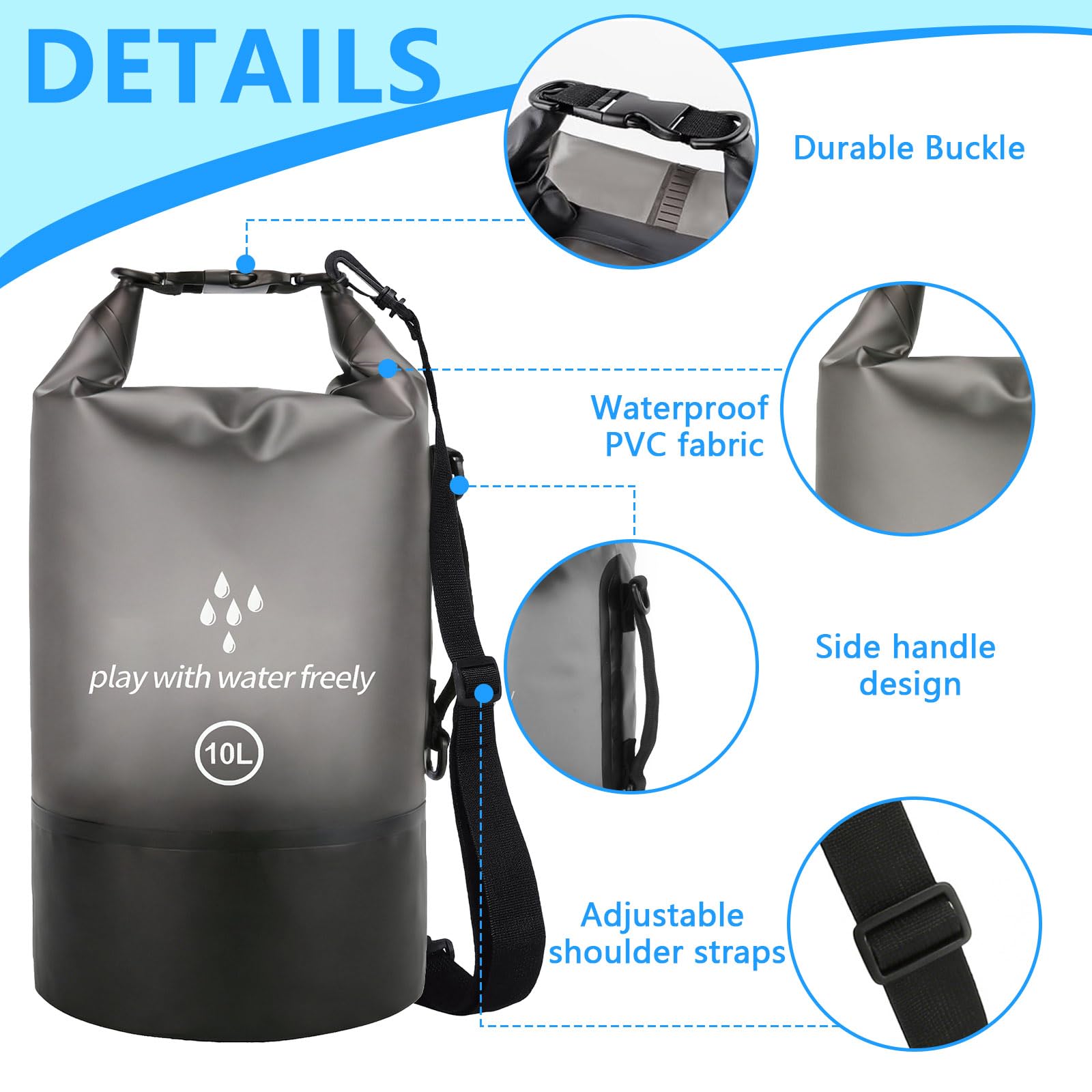 Dry Bag 10L Sacca Impermeabile con Marsupio e Custodia per Telefono Sacca Stagna Borsa Impermeabile per Barche Kayak SUP Sport Acquatici e Camping - Nero