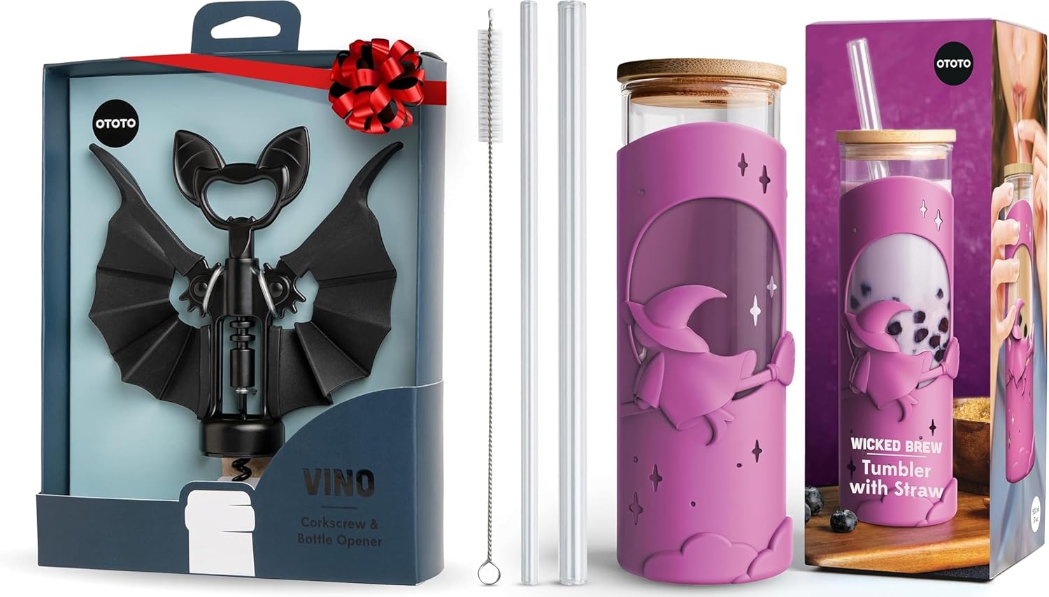 OTOTO Vino Spooky Bat 2-in-1 Wine & Beer Opener, Corkscrew & Bottle Opener, Wicked Brew Glass Cups with Lids and Straws - Halloween