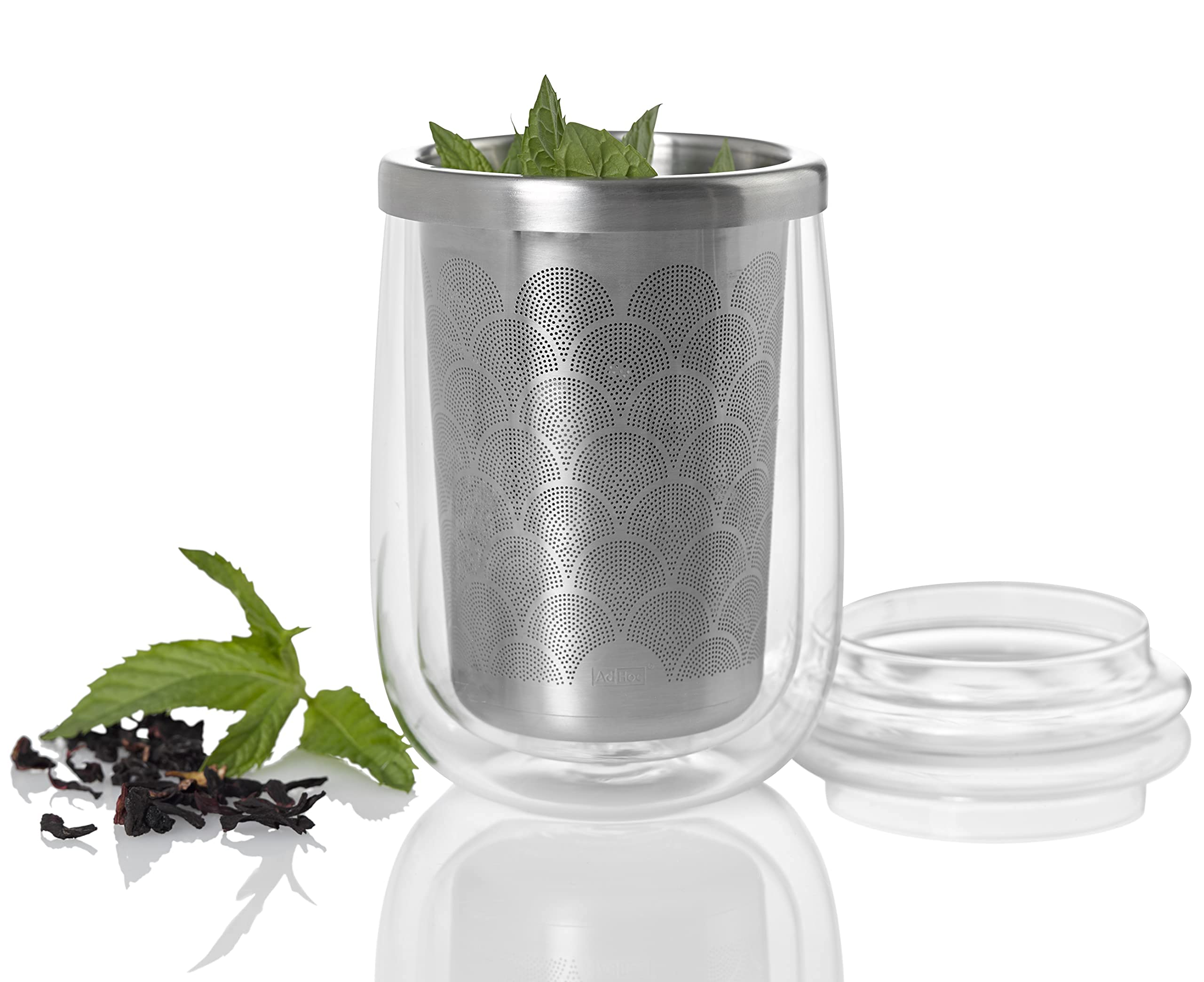 AdHoc Fusion Glass | Set 2x Teeglas und 2x Teefilter für losen Tee | 400ml Füllmenge, Borosilikatglas/Edelstahl