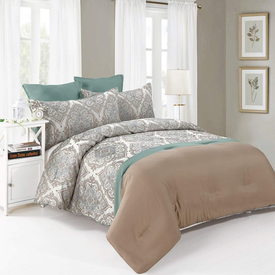 Comforter Set King 6 pieces Jacquard with microfiber 1 Comforter 2 Euro Shams 2 Jacquard Shams 1 bedskirt Blue/brown