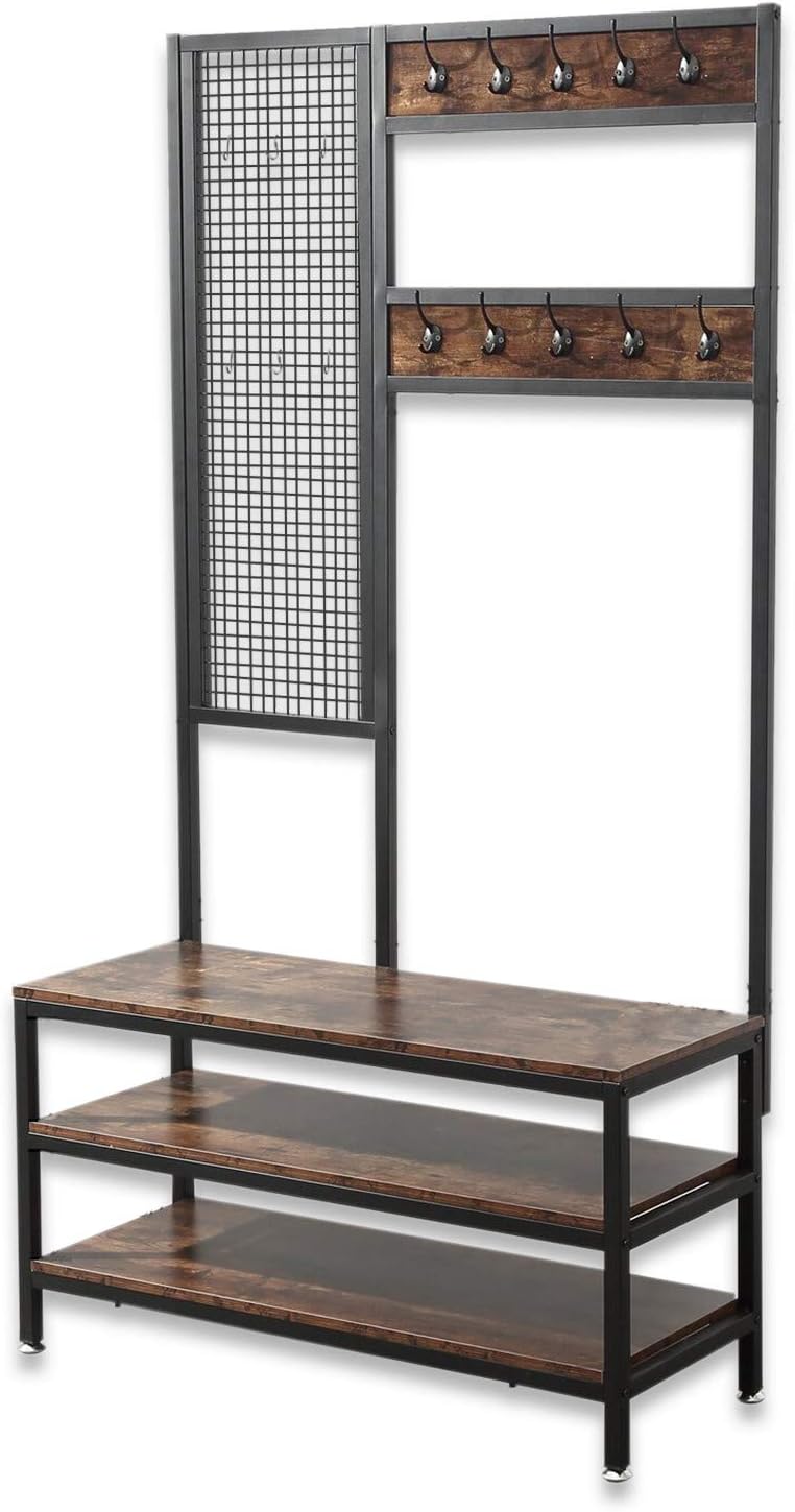 AJP Distributors Industrial Coat Stand Shoe Rack Bench + Grid Wall 3-in-1 Entryway Hall Tree 3-Tier Storage Shelves with 12 Hooks Hallway Hanger Organizer Metal Frame & Wood Look Accent Furniture