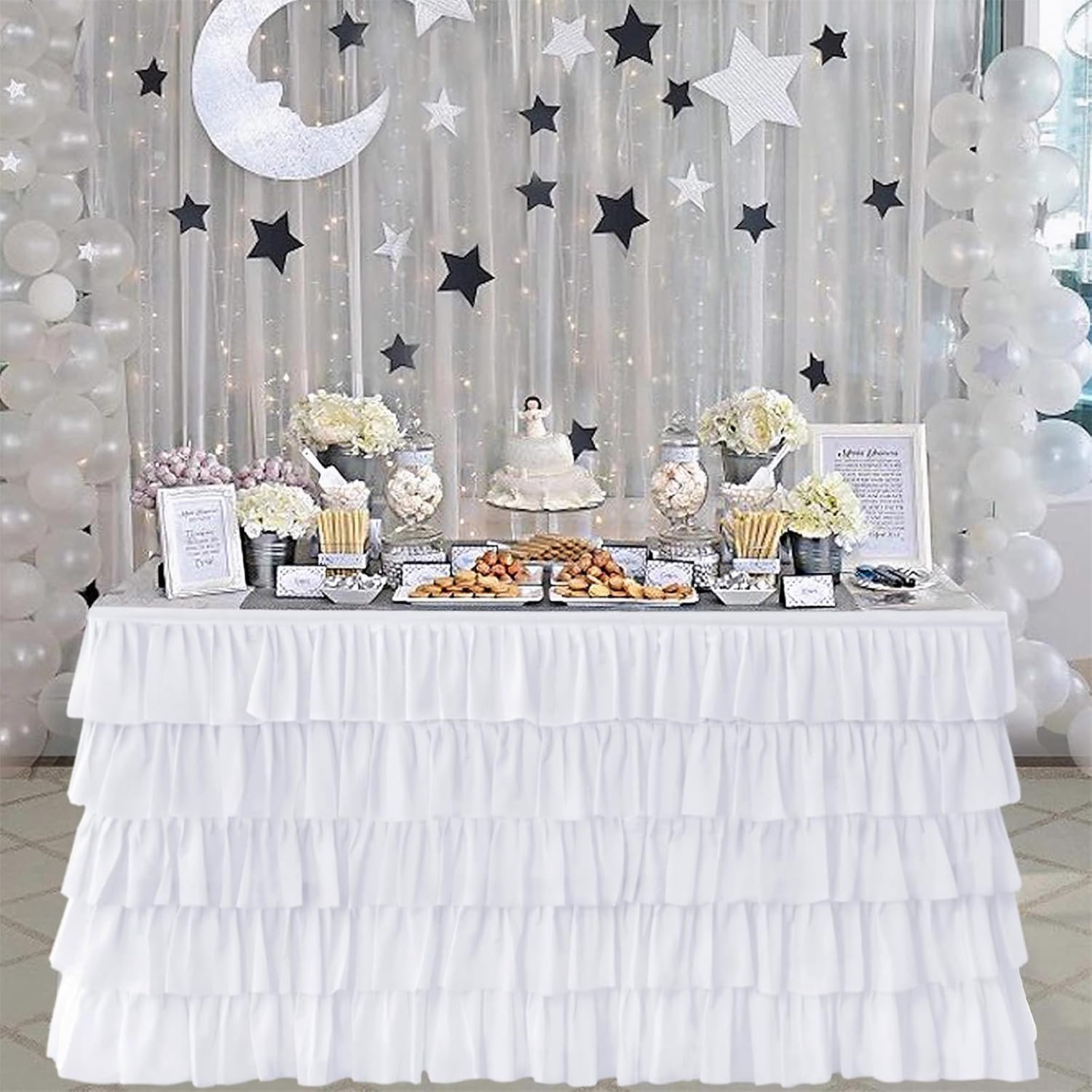 Pufogu White Tulle Table Skirt 14ft Tutu Ruffled Chiffon Tablecloth For Rectangle Wedding Baby Shower Girls Birthday Party and Cake Dessert Table Decorations(BrightRainbow, L14(ft), H30in)