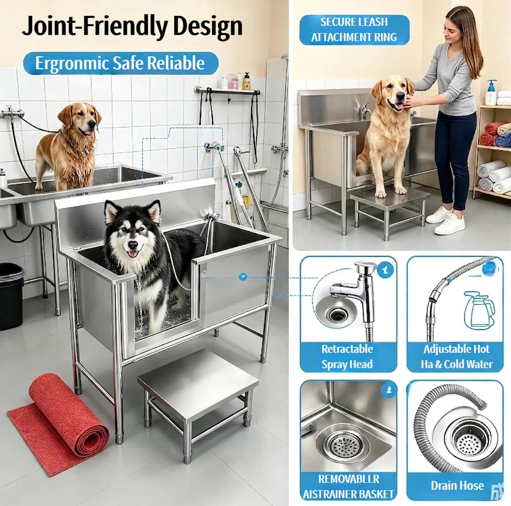 Stazione di Toelettatura, Vasca per Toelettatura per Animali Domestici di Grandi, Medie e Piccole Dimensioni con Pannello Filtro Acqua, Porta Sinistra（120 * 70 * 90cm）