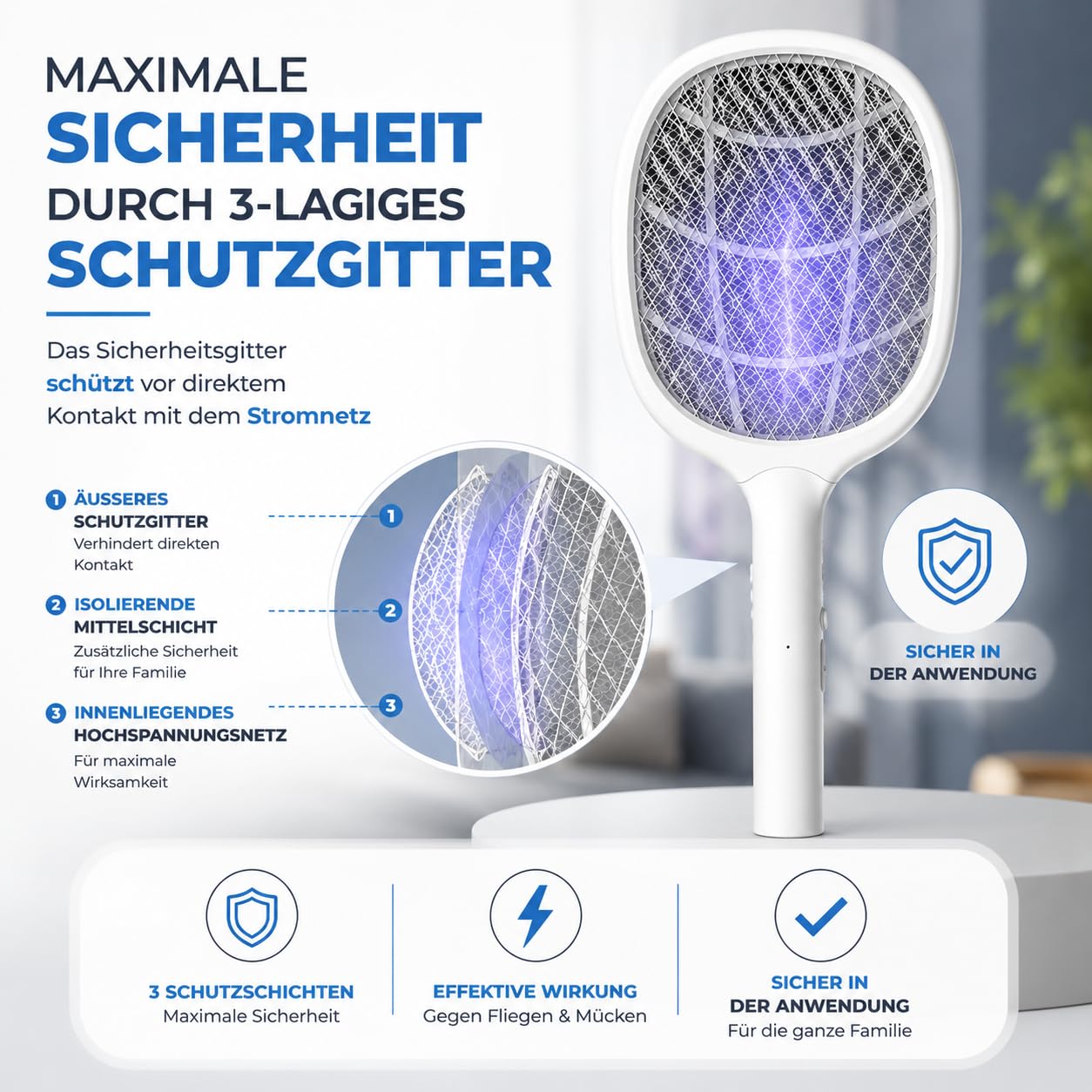 Elektrische Fliegenklatsche – Effektiver Insekten- & Mückenfänger für Fliegen, Mücken, Insekten - mit USB C Ladestecker & Halterung Wiederaufladbar (XXL Fliegenklatsche 45 cm weiß mit Ständer - USB C)