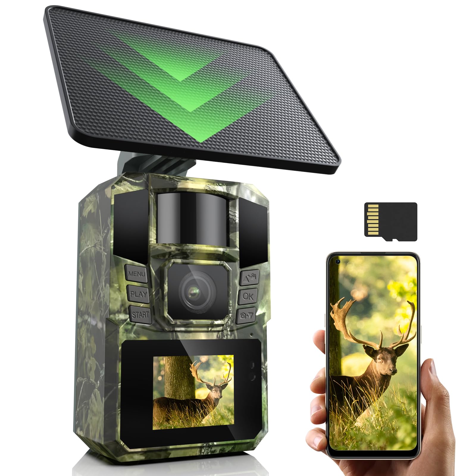 WLAN Solar Wildkamera 4K 48MP mit Handyübertragung APP, Wildtierkamera mit Nachtsicht Bewegungsmelder Eingebaute 5200mAh Lithium-Batterie,64GB SD Karte, 0.1s Auslöser Bewegungsaktiviert, IP65