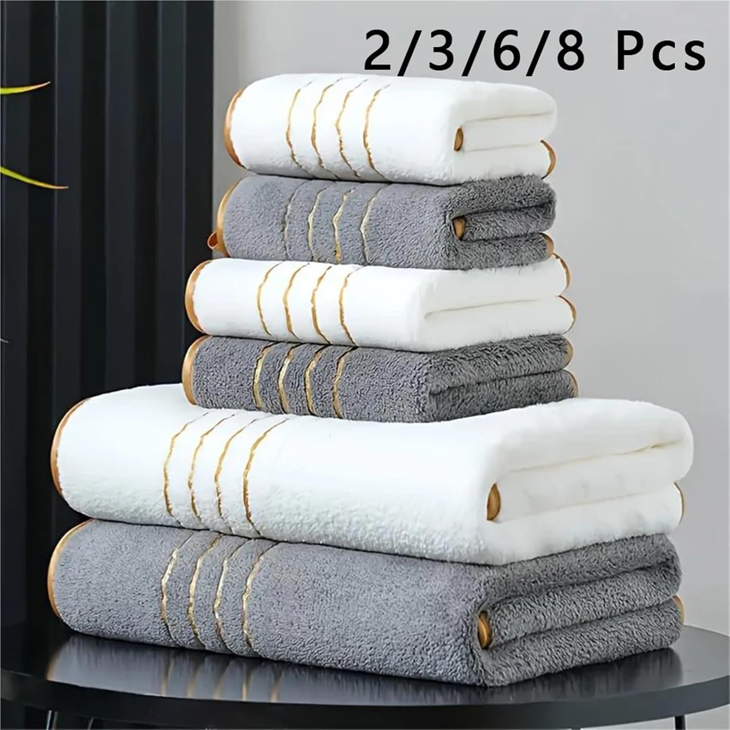 2/3/6/8 Pcs Bath Towel Set White & Gray with Golden Accents, Soft Absorbent Premium Towels for Home, Hotel & Bathroom(Drak Blue x3)
