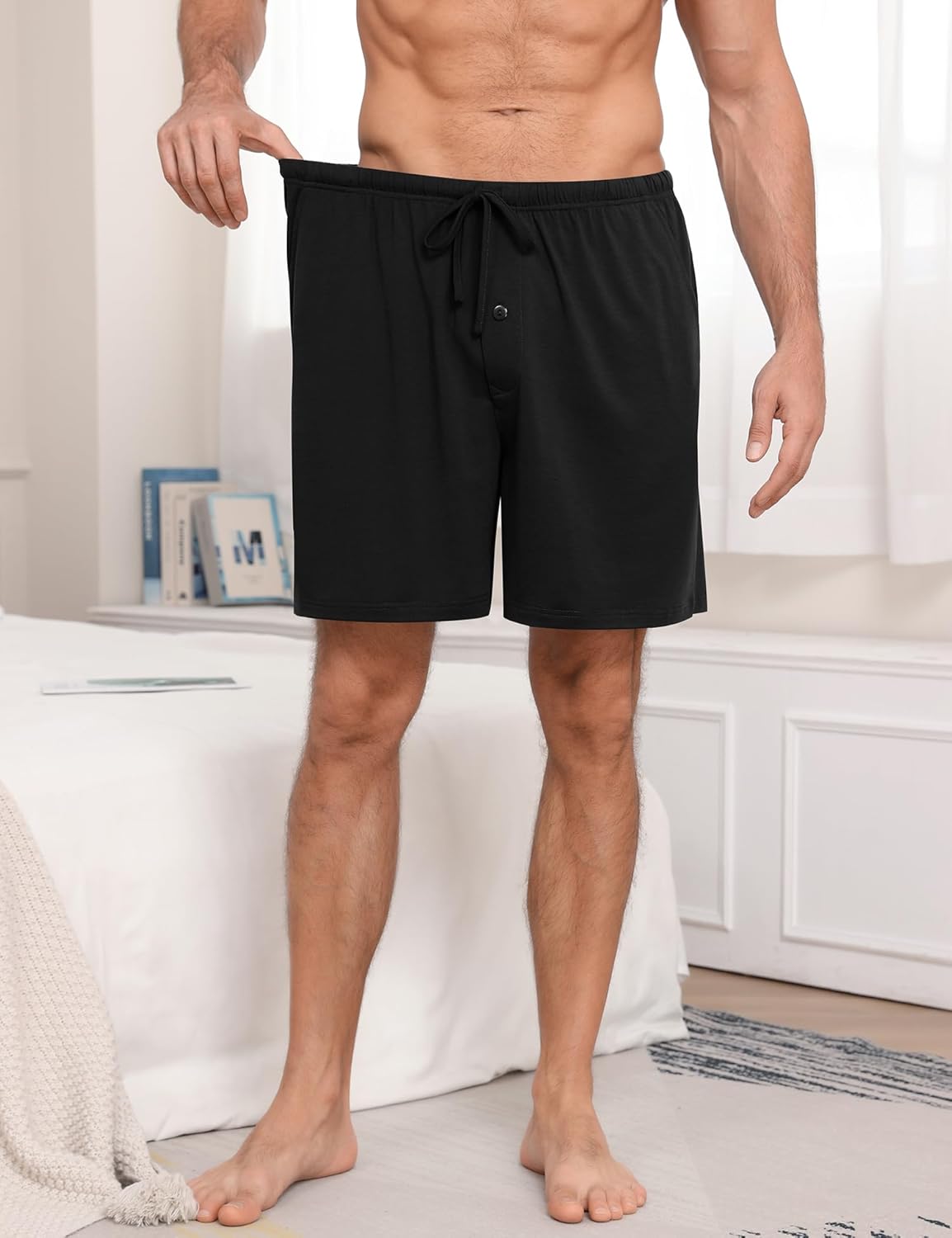 SWOMOG Mens Pajama Shorts Sleep Shorts Modal Soft Loungewear Bottoms with Button Fly & Drawstring & Pockets - Image 6