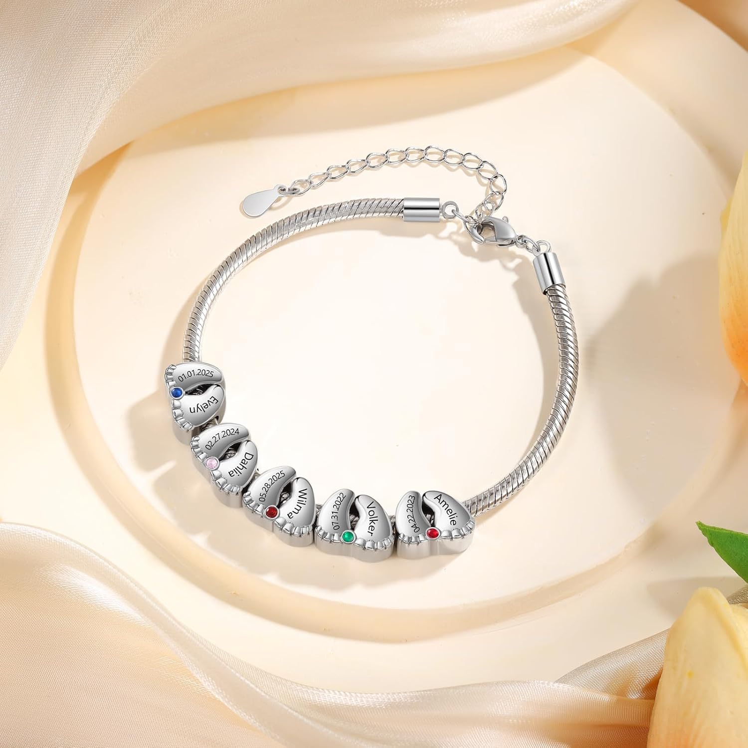 Jeweidea Personalized Foot Charm Birthstone Bracelet – Custom Engraved Bracelet with 1–5 Foot Charms, Name and Date Engraving, Meaningful Jewelry Gift for Mom Wife