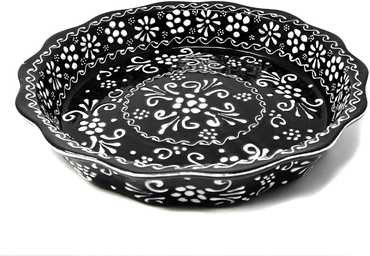 Global Crafts Encantada MC327I - Serving Bowl - Handmade Mexican Pottery, Black and White, Ink Collection