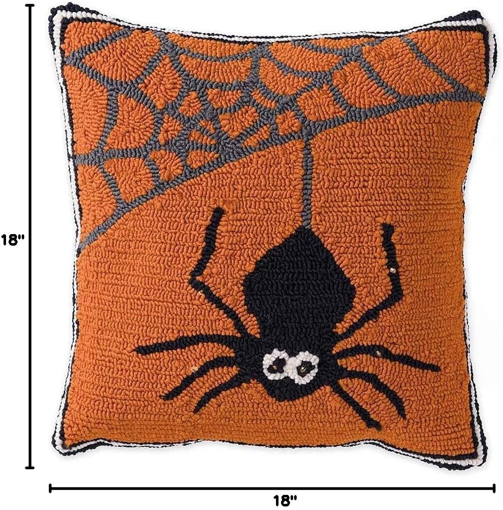 Plow & Hearth Indoor/Outdoor Lighted Halloween Spider Web Pillow, All-Weather Hooked Polypropylene with Poly-Canvas Back and Battery-Operated LED Lights, 18" sq.